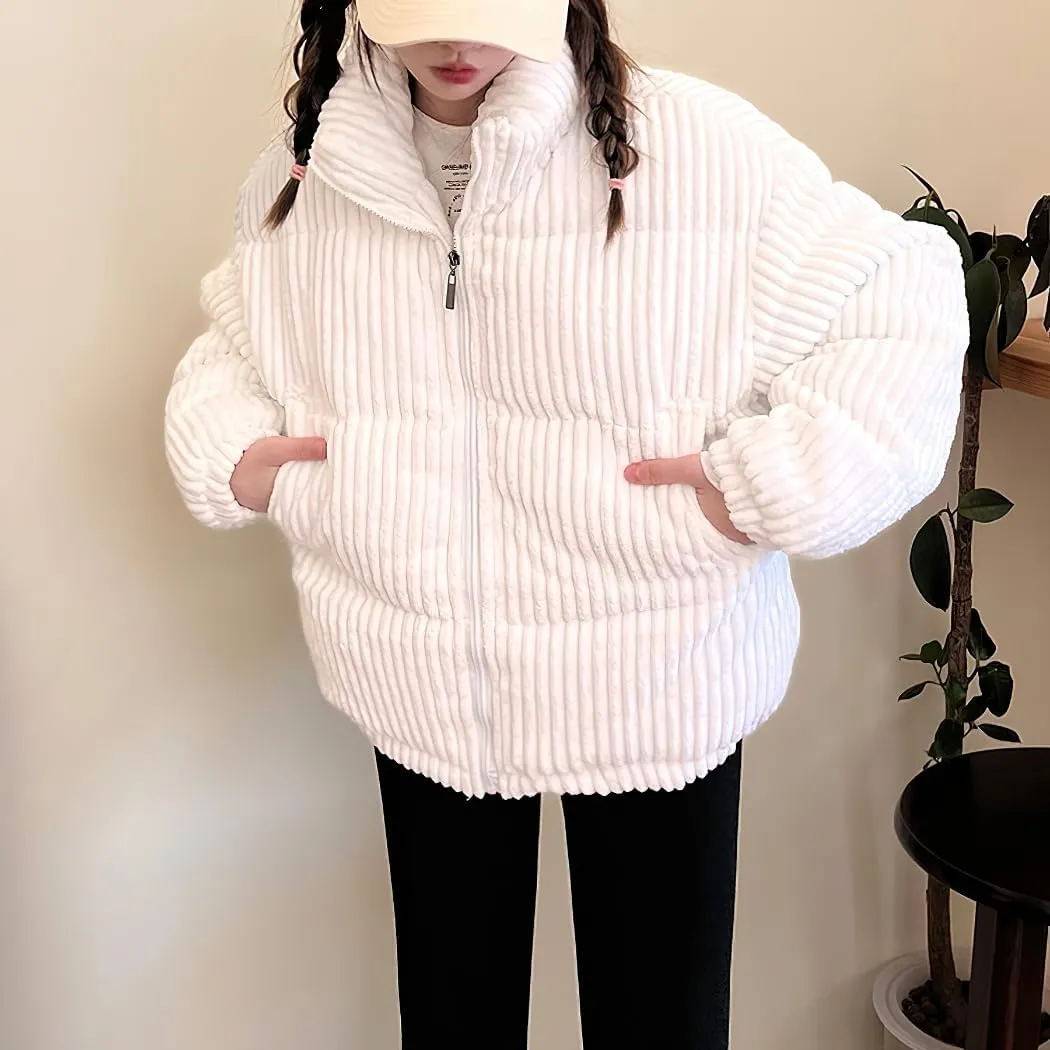 chouyatou Women Winter Warm Corduroy Puffer Jacket Quilted Down Zip Up Stand Collar Cropped Short Coats