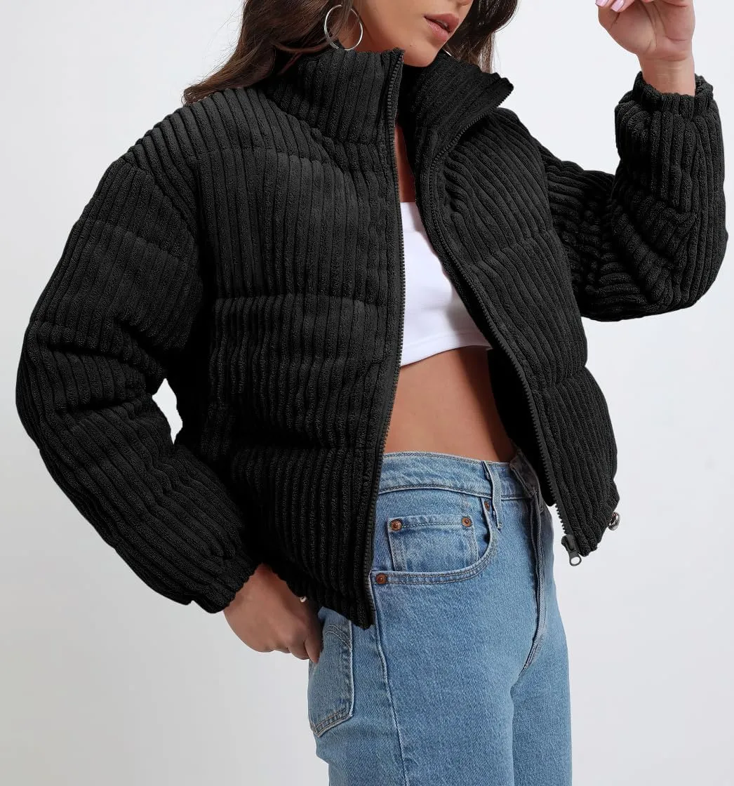 chouyatou Women Winter Warm Corduroy Puffer Jacket Quilted Down Zip Up Stand Collar Cropped Short Coats
