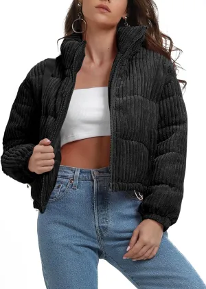 chouyatou Women Winter Warm Corduroy Puffer Jacket Quilted Down Zip Up Stand Collar Cropped Short Coats