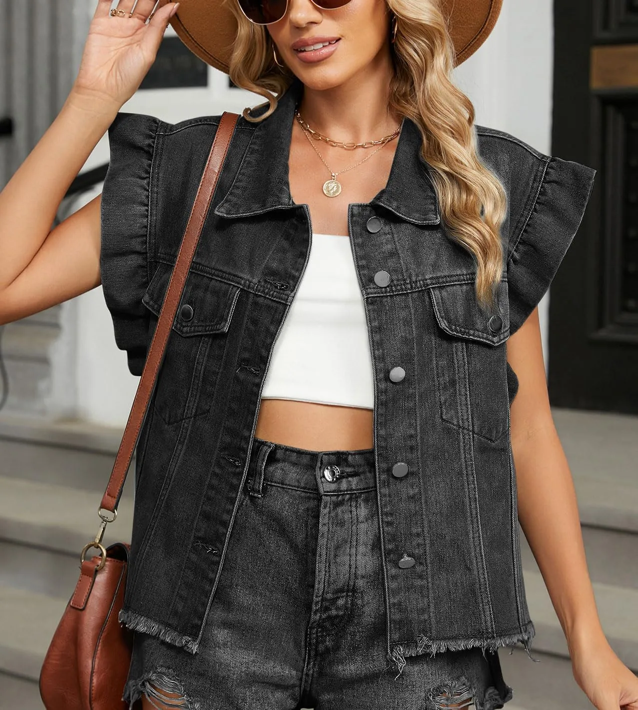 chouyatou Women's Button Down Ruffle Sleeveless Denim Jacket Leopard Print Distressed Jean Short Vest Jacket