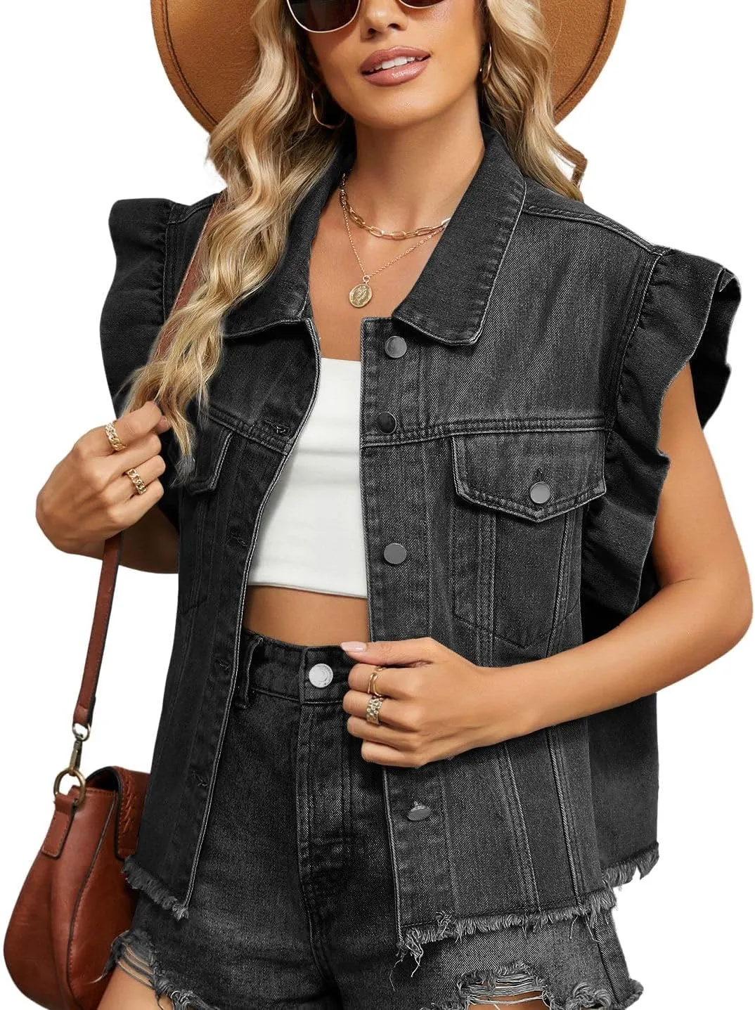 chouyatou Women's Button Down Ruffle Sleeveless Denim Jacket Leopard Print Distressed Jean Short Vest Jacket