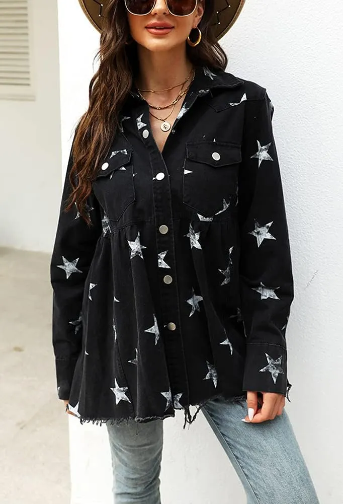 chouyatou Women's Casual Frayed Raw Hem Star Print Mid Long Peplum Denim Jacket