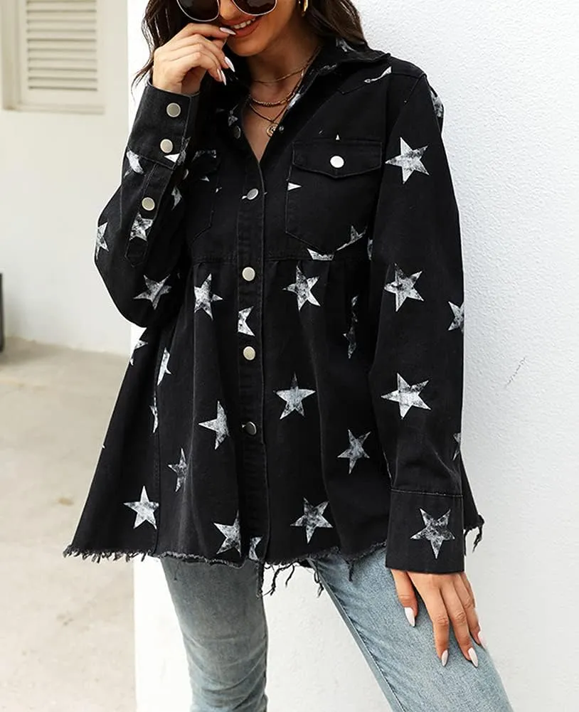 chouyatou Women's Casual Frayed Raw Hem Star Print Mid Long Peplum Denim Jacket