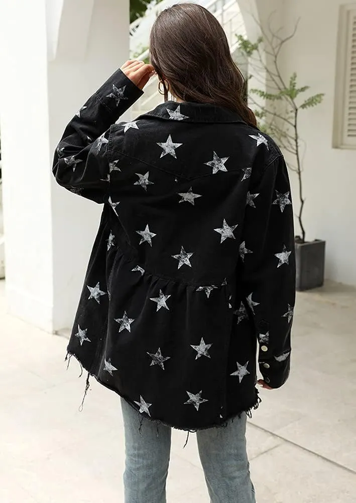 chouyatou Women's Casual Frayed Raw Hem Star Print Mid Long Peplum Denim Jacket