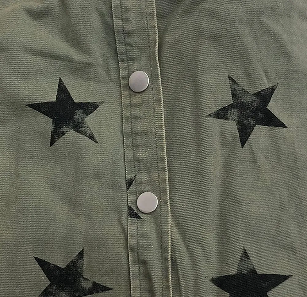 chouyatou Women's Casual Frayed Raw Hem Star Print Mid Long Peplum Denim Jacket