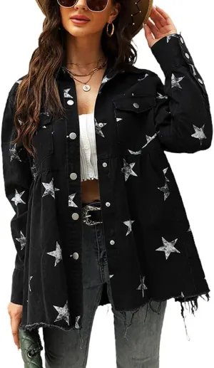 chouyatou Women's Casual Frayed Raw Hem Star Print Mid Long Peplum Denim Jacket