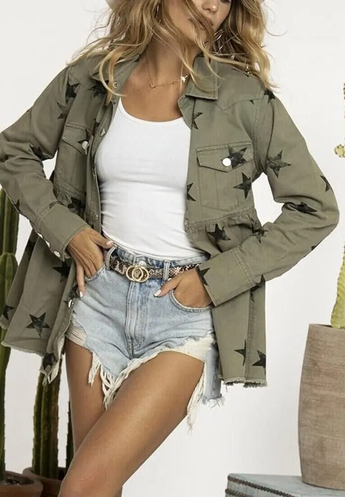 chouyatou Women's Casual Frayed Raw Hem Star Print Mid Long Peplum Denim Jacket