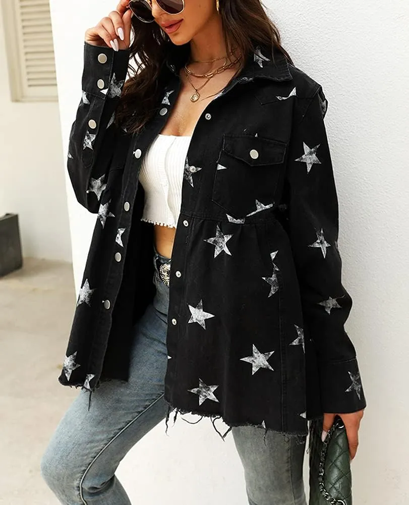 chouyatou Women's Casual Frayed Raw Hem Star Print Mid Long Peplum Denim Jacket