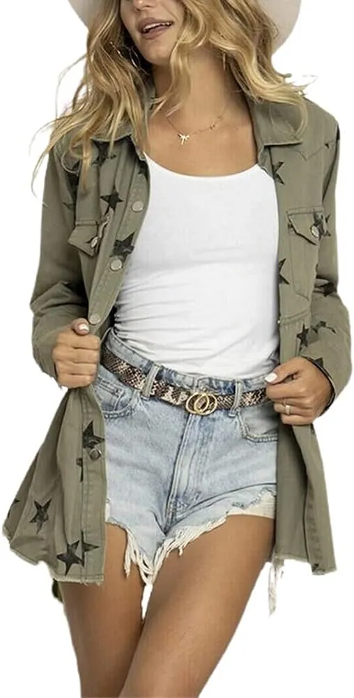 chouyatou Women's Casual Frayed Raw Hem Star Print Mid Long Peplum Denim Jacket