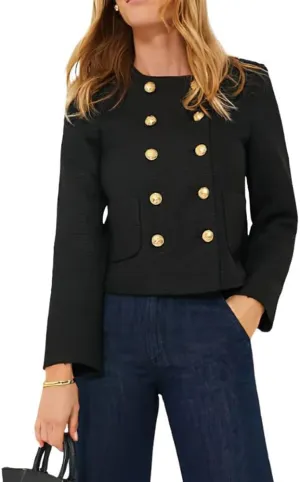 chouyatou Women's Double Breasted Tweed Blazer Jacket Business Casual Dressy Tweed Jacket Office Work Suit