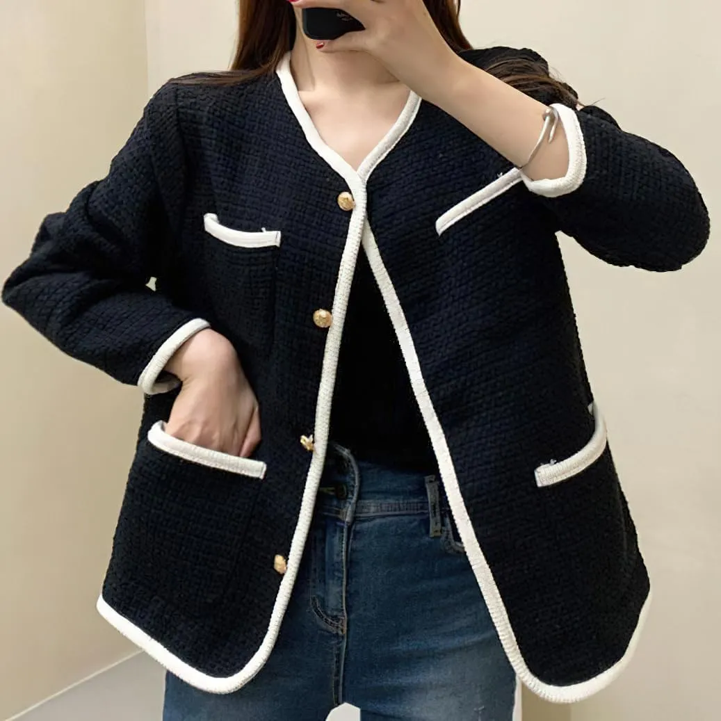 chouyatou Women's Fall Elegant Business Casual Tweed Blazer Jacket Dressy Collarless Open Front Suit Top