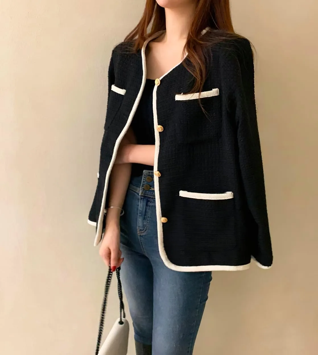 chouyatou Women's Fall Elegant Business Casual Tweed Blazer Jacket Dressy Collarless Open Front Suit Top