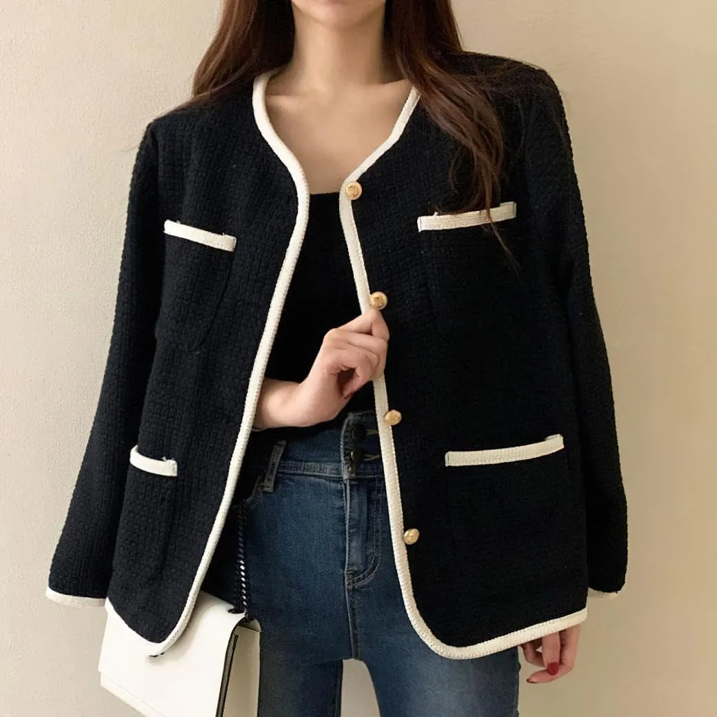 chouyatou Women's Fall Elegant Business Casual Tweed Blazer Jacket Dressy Collarless Open Front Suit Top