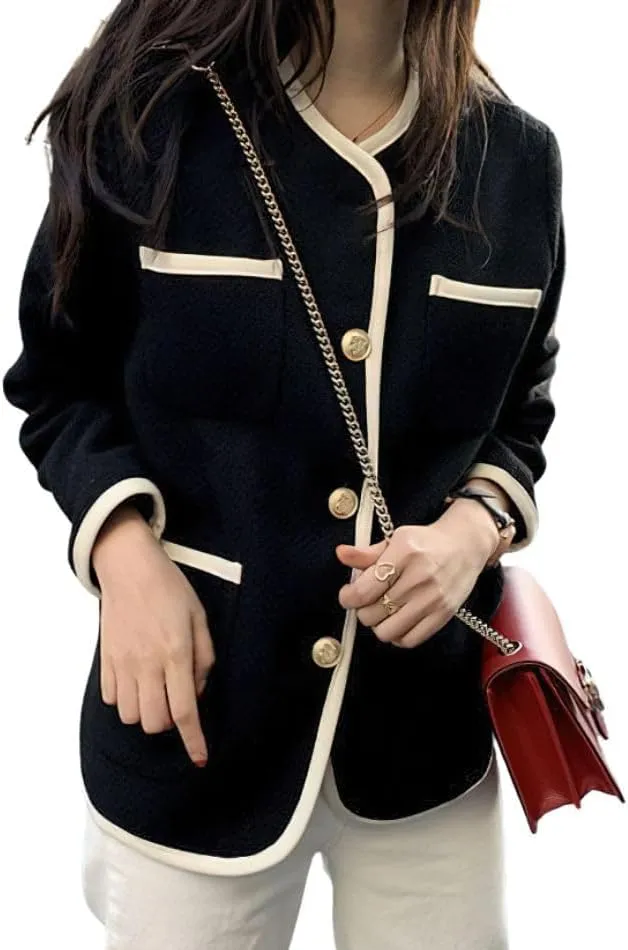 chouyatou Women's Fall Elegant Business Casual Tweed Blazer Jacket Dressy Collarless Open Front Suit Top
