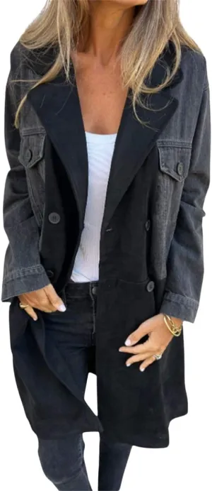 chouyatou Women's Notched Lapel Double Breasted Denim Spliced Faux Suede Leather Long Trench Coat Jacket Outerwear
