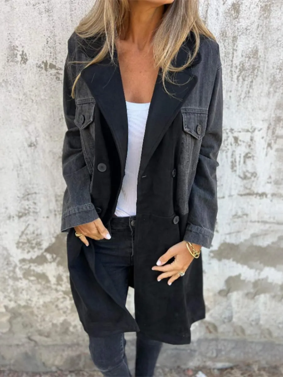 chouyatou Women's Notched Lapel Double Breasted Denim Spliced Faux Suede Leather Long Trench Coat Jacket Outerwear