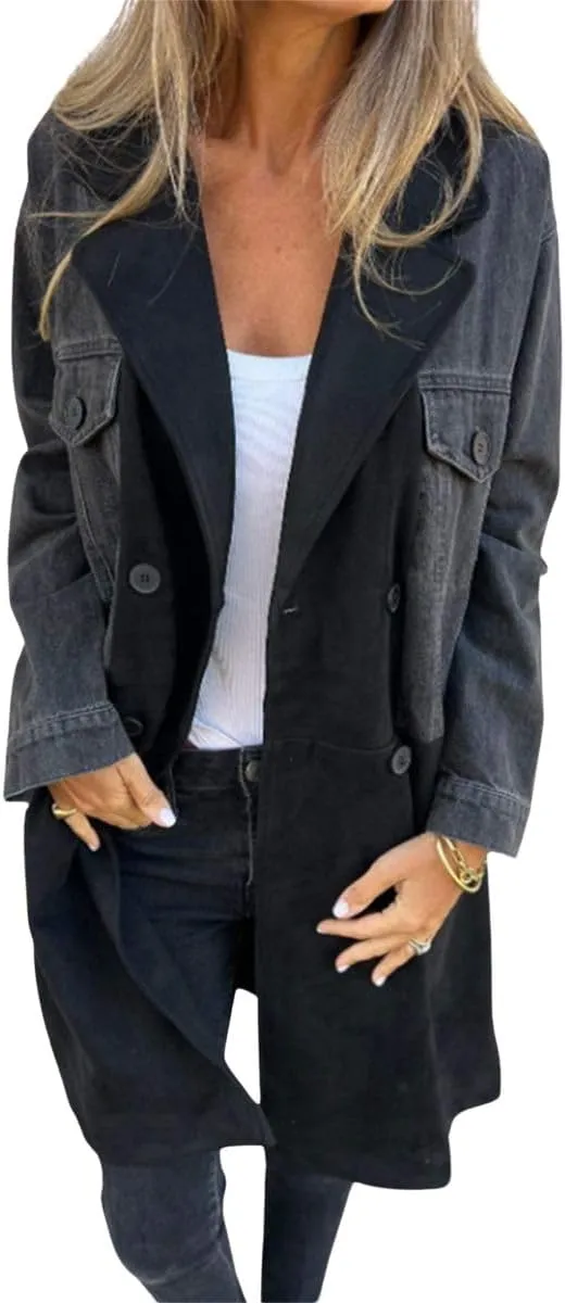 chouyatou Women's Notched Lapel Double Breasted Denim Spliced Faux Suede Leather Long Trench Coat Jacket Outerwear