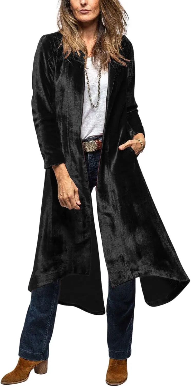 chouyatou Women's Velvet Open Front Long Trench Coat Elegant Back High Slit Blazer Suit Jacket with Pockets