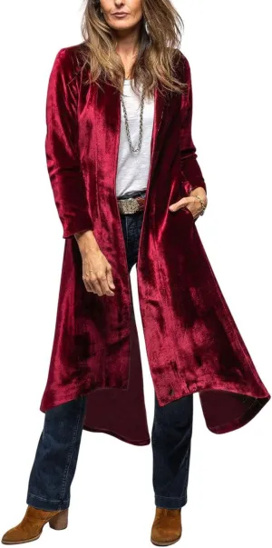 chouyatou Women's Velvet Open Front Long Trench Coat Elegant Back High Slit Blazer Suit Jacket with Pockets