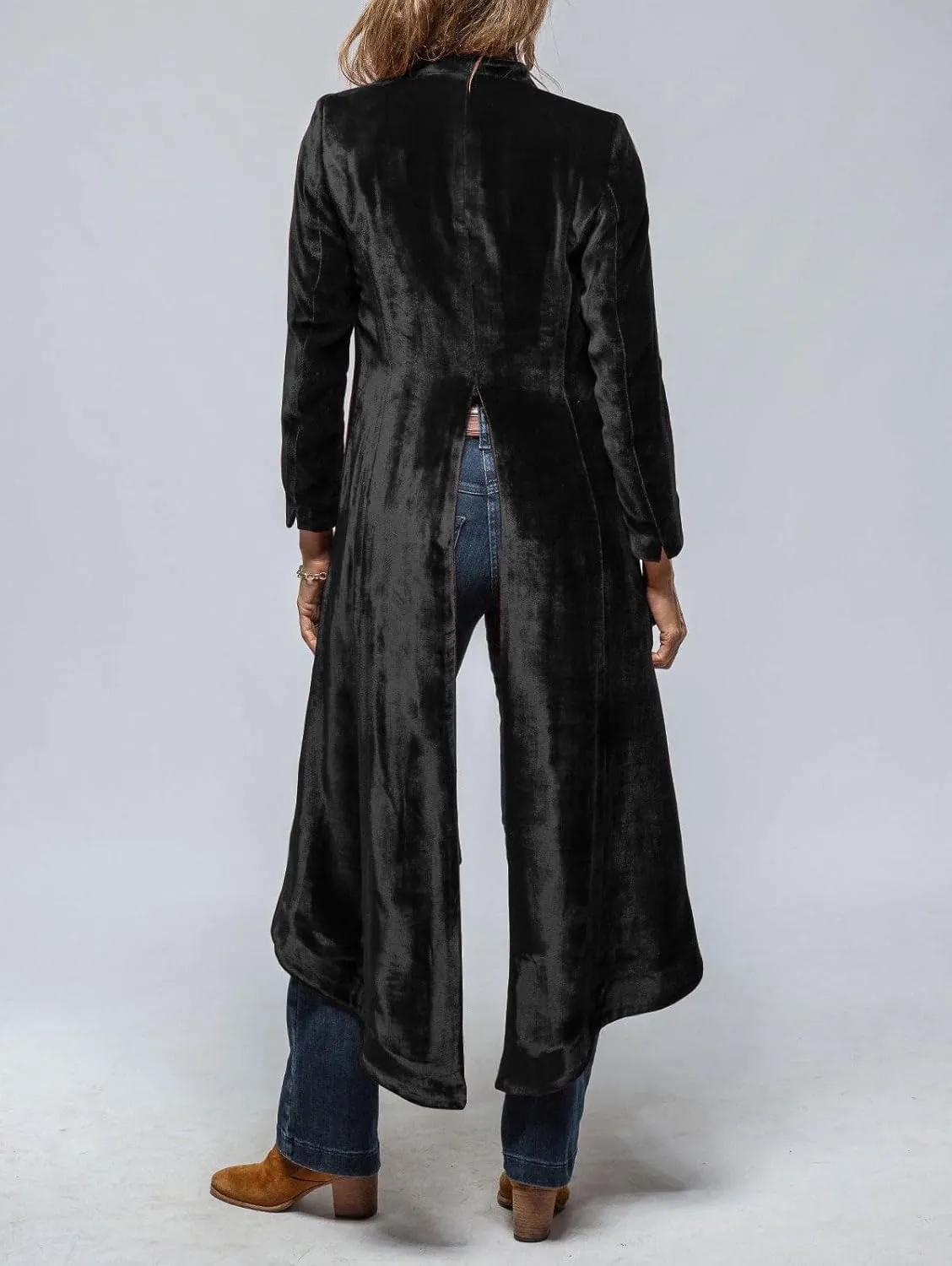 chouyatou Women's Velvet Open Front Long Trench Coat Elegant Back High Slit Blazer Suit Jacket with Pockets
