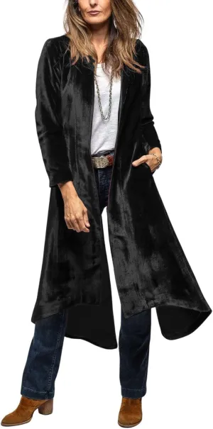 chouyatou Women's Velvet Open Front Long Trench Coat Elegant Back High Slit Blazer Suit Jacket with Pockets