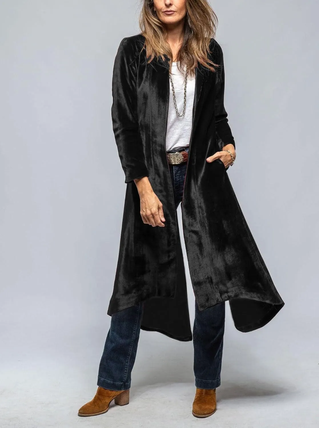 chouyatou Women's Velvet Open Front Long Trench Coat Elegant Back High Slit Blazer Suit Jacket with Pockets