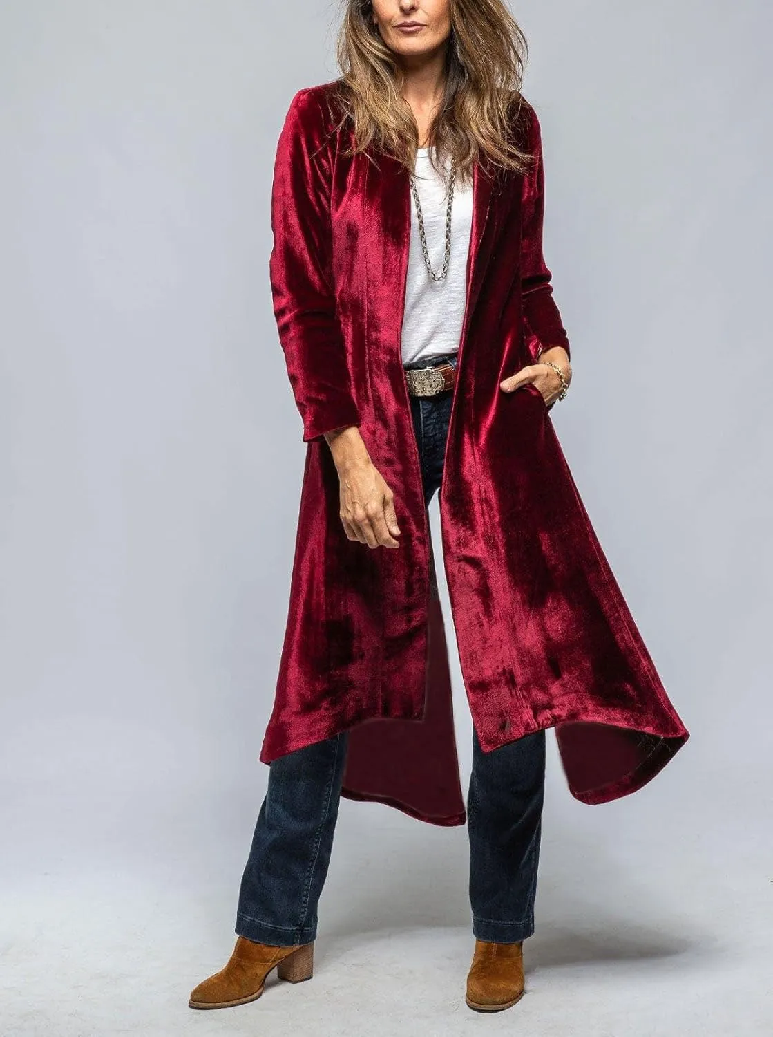 chouyatou Women's Velvet Open Front Long Trench Coat Elegant Back High Slit Blazer Suit Jacket with Pockets