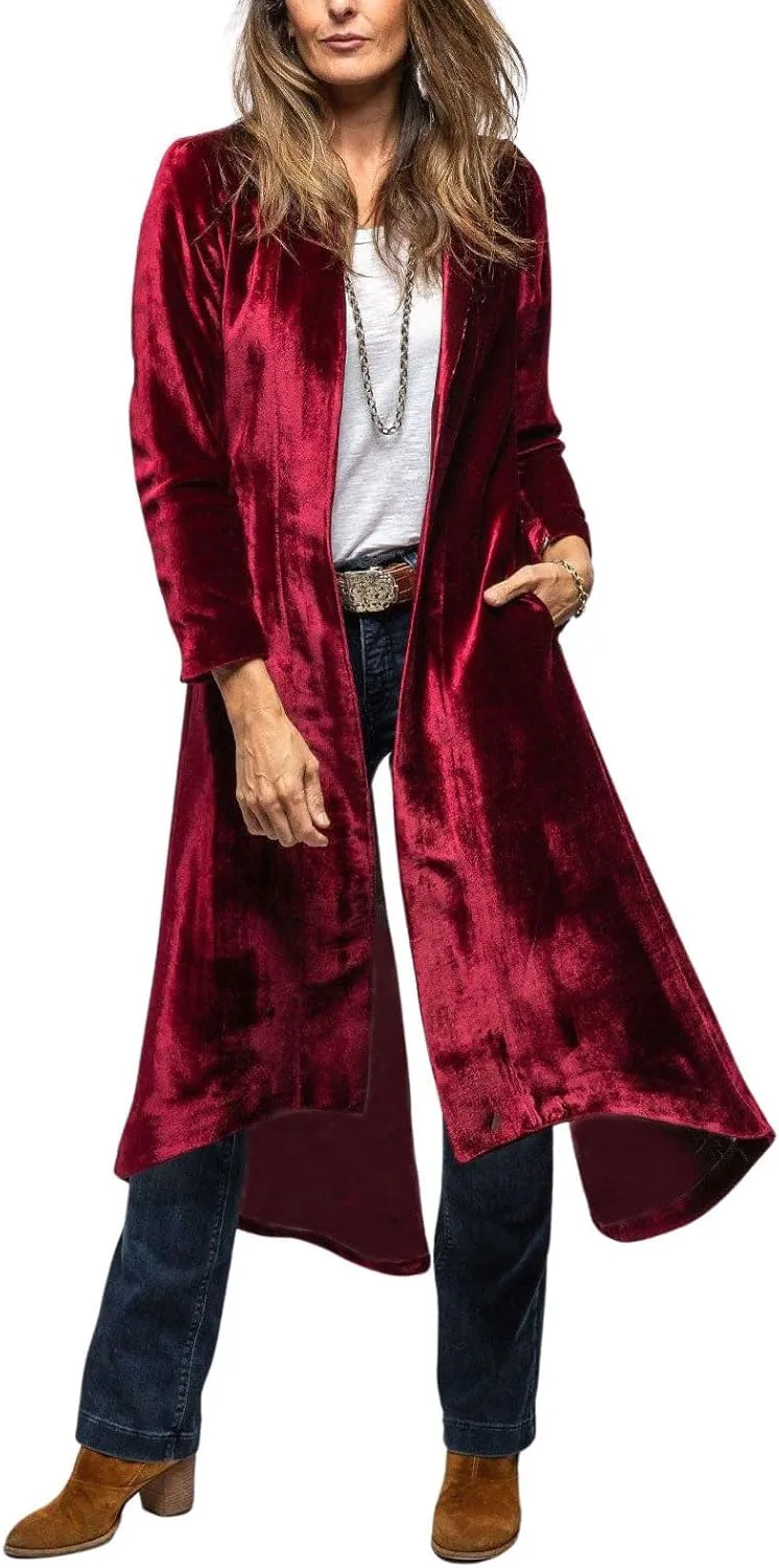chouyatou Women's Velvet Open Front Long Trench Coat Elegant Back High Slit Blazer Suit Jacket with Pockets