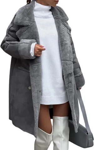 chouyatou Women's Winter Notched Lapel Double Breasted Sherpa Fleece Faux Suede Leather Long Trench Coat with Pockets