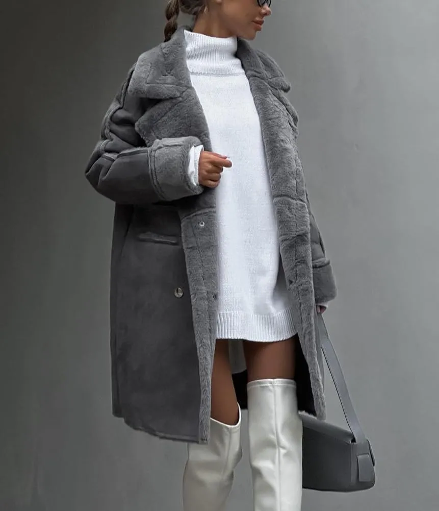 chouyatou Women's Winter Notched Lapel Double Breasted Sherpa Fleece Faux Suede Leather Long Trench Coat with Pockets