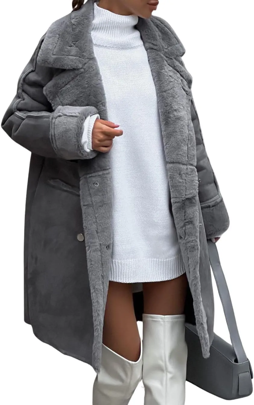 chouyatou Women's Winter Notched Lapel Double Breasted Sherpa Fleece Faux Suede Leather Long Trench Coat with Pockets
