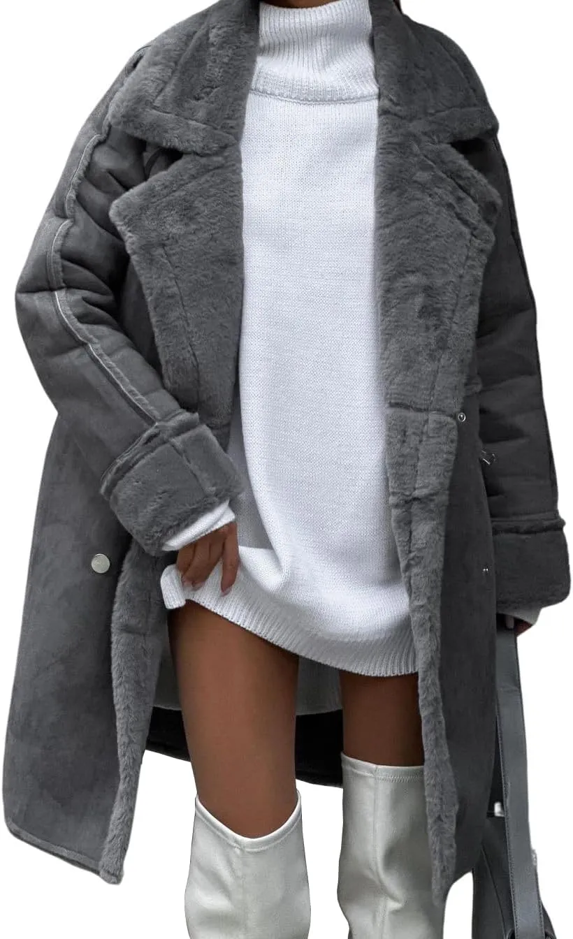 chouyatou Women's Winter Notched Lapel Double Breasted Sherpa Fleece Faux Suede Leather Long Trench Coat with Pockets