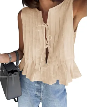 Cicy Bell Womens Bow Front Tie Tank Tops Pleated Babydoll Top Sleeveless Cute Coquette Shirt Summer Outfits