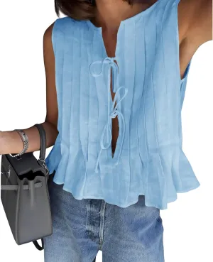 Cicy Bell Womens Bow Front Tie Tank Tops Pleated Babydoll Top Sleeveless Cute Coquette Shirt Summer Outfits