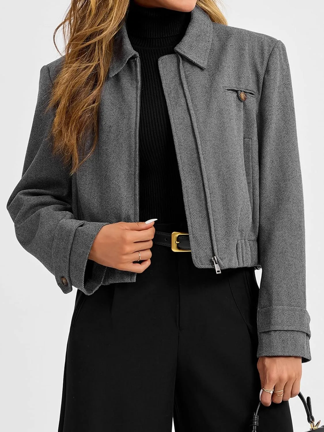 Cicy Bell Womens Cropped Tweed Blazer Fall Casual Dressy Zip Up Work Office Jacket Outerwear