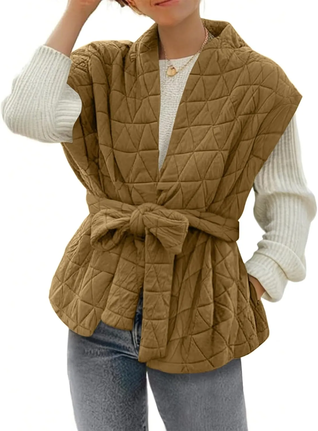 Cicy Bell Womens Diamond Quilted Puffer Vest Open Front Puffy Sleeveless Jacket Fall Work Casual Outerwear