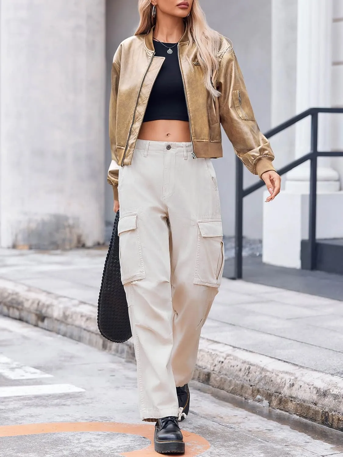 Cicy Bell Womens Faux Leather Bomber Jackets Baseball Collar Zip Up Cropped Biker Coat with Pockets