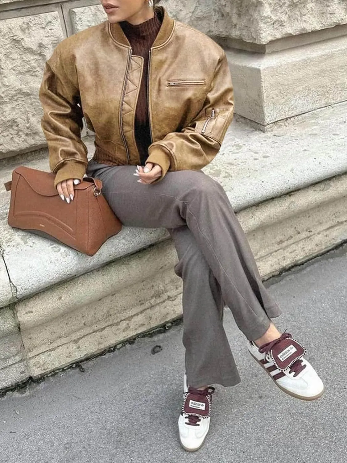 Cicy Bell Womens Faux Leather Bomber Jackets Baseball Collar Zip Up Cropped Biker Coat with Pockets