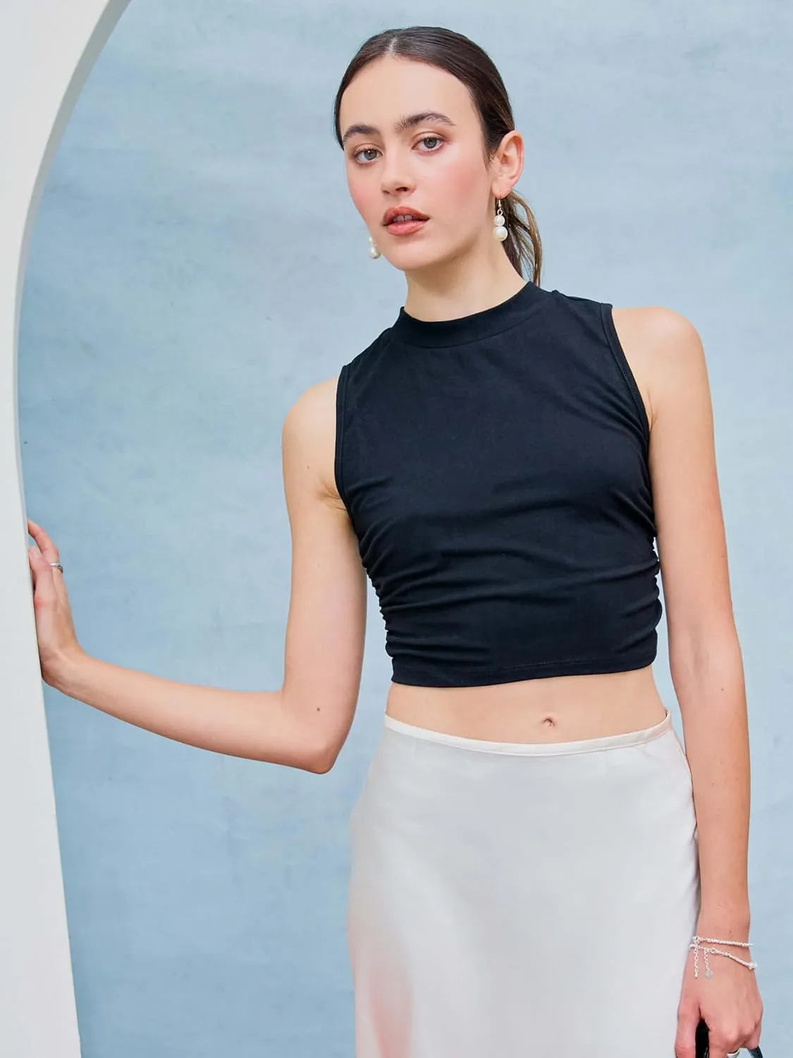 CIDER Crop Tops for Women Mimi Cuttrell Basic Sleeveless Ruched Going Out Summer Casual Ribbed Tank Top