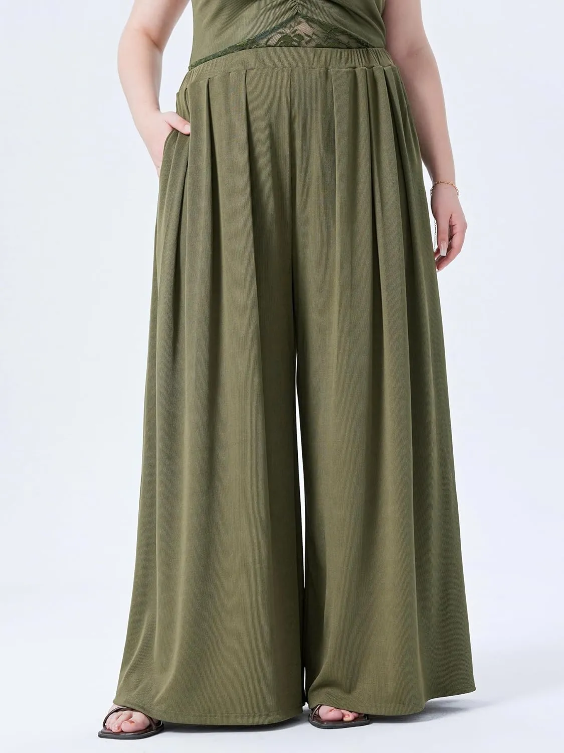 CIDER Womens Plus Size Wide Leg Pants Palazzo Flowy Elastic Waist Pants with Pockets