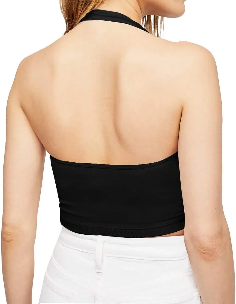 CLOZOZ Halter Crop Tops for Women V Neck Cropped Tank Tops Going Out Sleeveless Backless Trendy Top