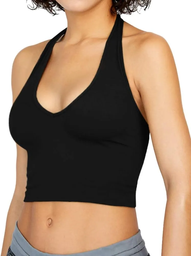 CLOZOZ Halter Crop Tops for Women V Neck Cropped Tank Tops Going Out Sleeveless Backless Trendy Top