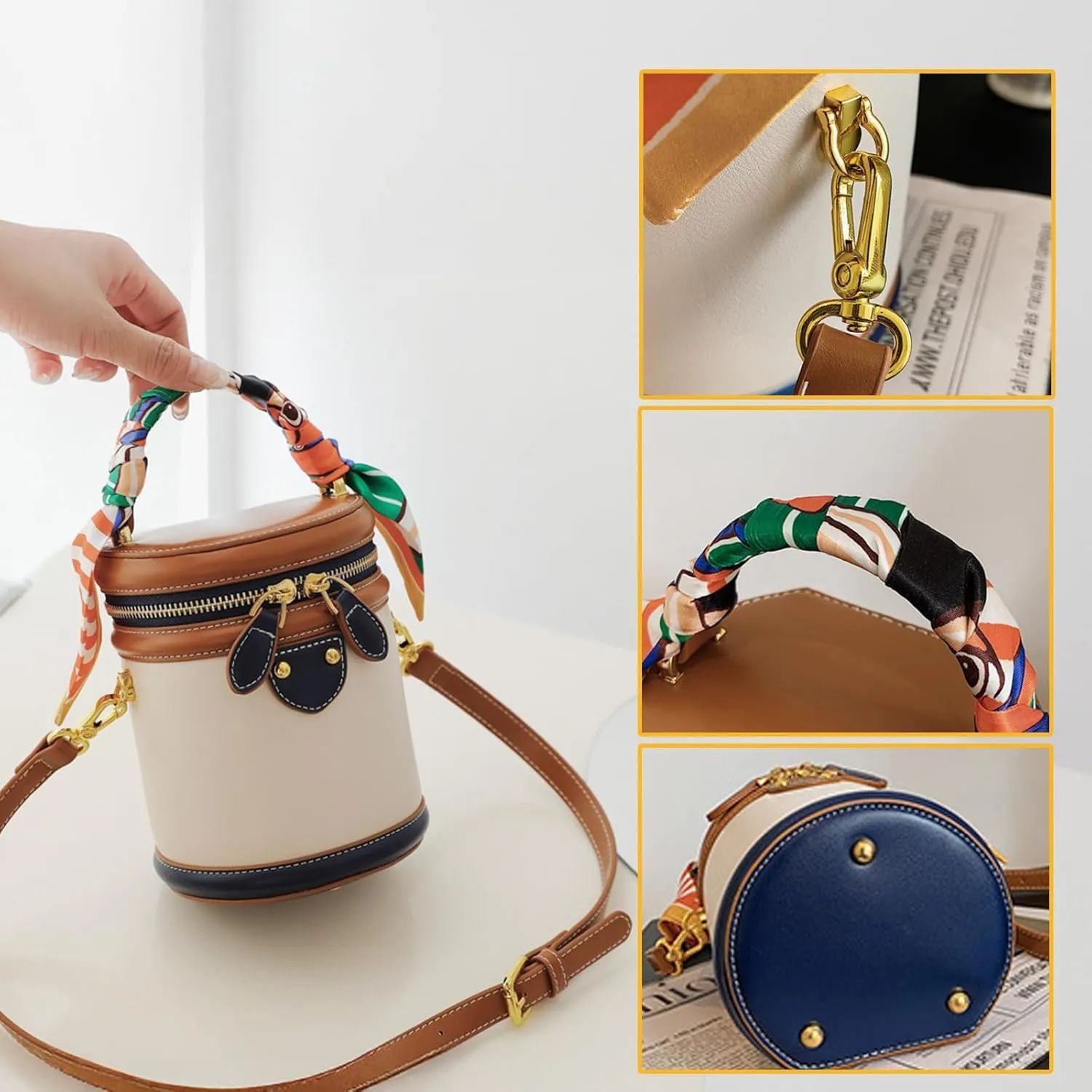 Colorblock Bucket Bag, Fashion Colorblock Bucket Bag Casual,Versatile Bucket bag, Leather Crossbody Bag With Ribbon Handle