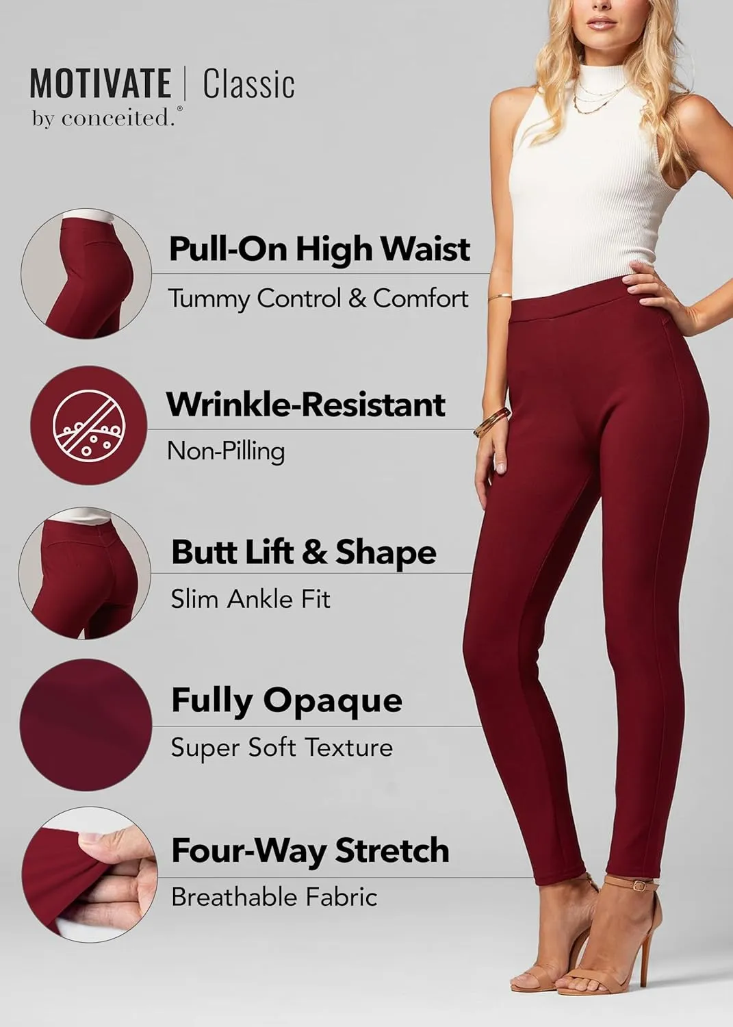 Conceited Stretch Ponte Pants for Women - Dressy Leggings - High Waist Shaping Butt Lifting