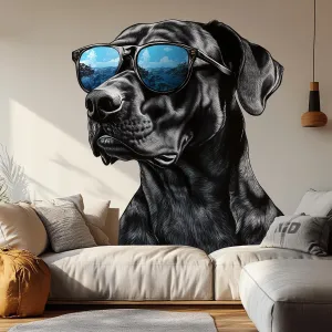 Cool Black Dog with Sunglasses Wall Decal | Stylish Great Dane Wall Art | Removable Pet Wall Sticker | Modern Puppy Themed Room Decor
