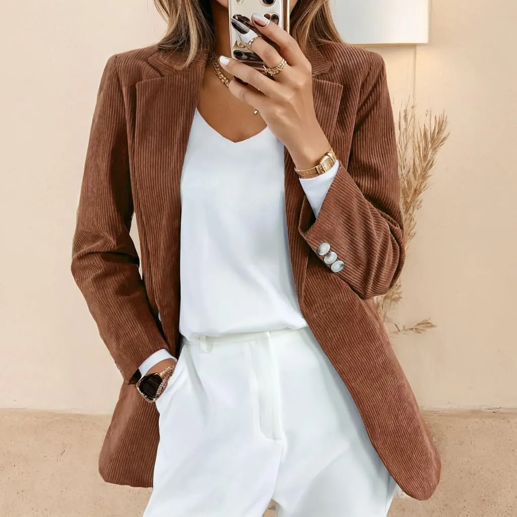 Corduroy Shacket Women Long Sleeve Shirt Slim Fit Notched Lapel Button Down Open Front Casual Office Blazer Jacket