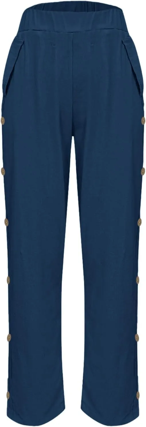 Cotton Linen Pants for Women Loose Fit Buttons Wide Leg Pants Drawstring Elastic Trousers Straight Leg Pants with Pockets