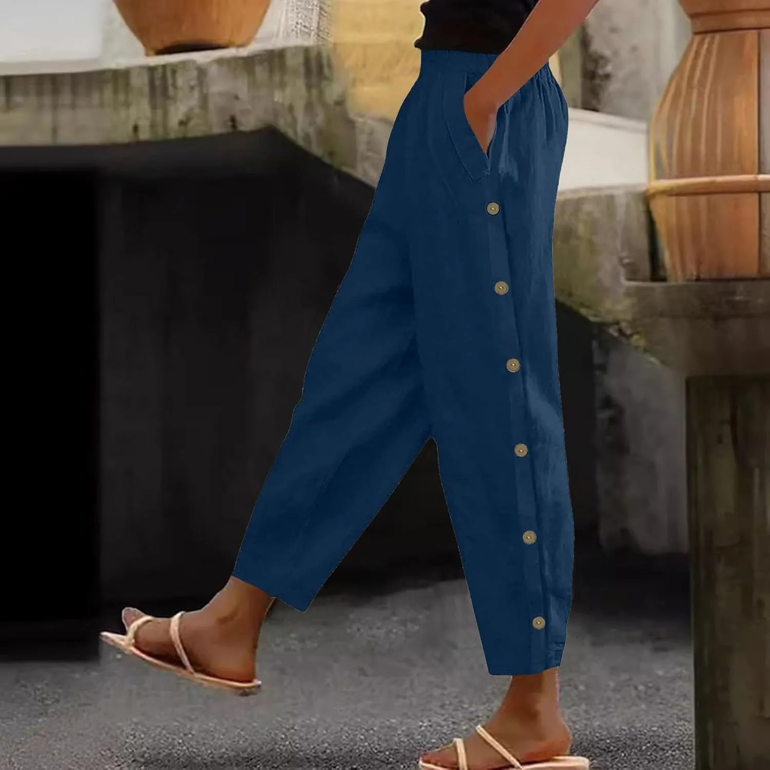 Cotton Linen Pants for Women Loose Fit Buttons Wide Leg Pants Drawstring Elastic Trousers Straight Leg Pants with Pockets