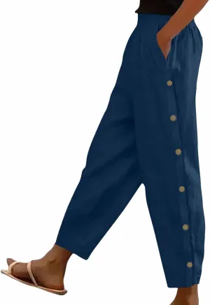 Cotton Linen Pants for Women Loose Fit Buttons Wide Leg Pants Drawstring Elastic Trousers Straight Leg Pants with Pockets