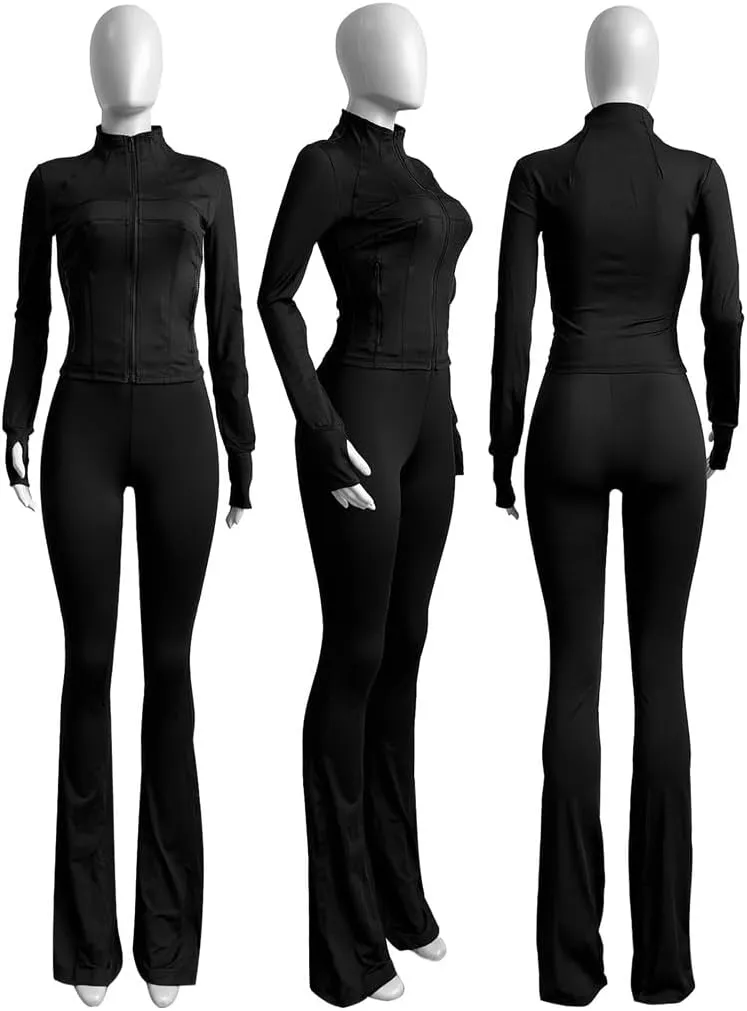 cu4eve Womens Two Piece Outfits Fall Workout Zip Up Sweatshirt And Jogger Flare Yoga Pants Gym Sweat Suits 2 Piece Set